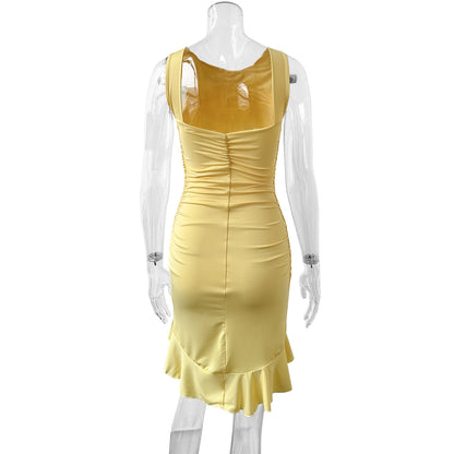 Sleeveless backless round neck ruffled asymmetrical dress
