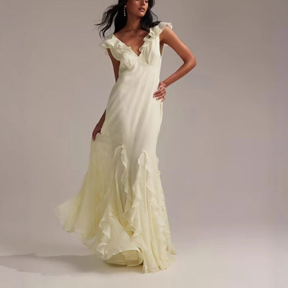 light yellow splicing ruffled maxi dress