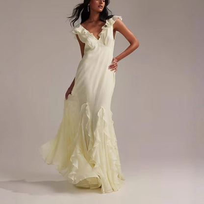 light yellow splicing ruffled maxi dress