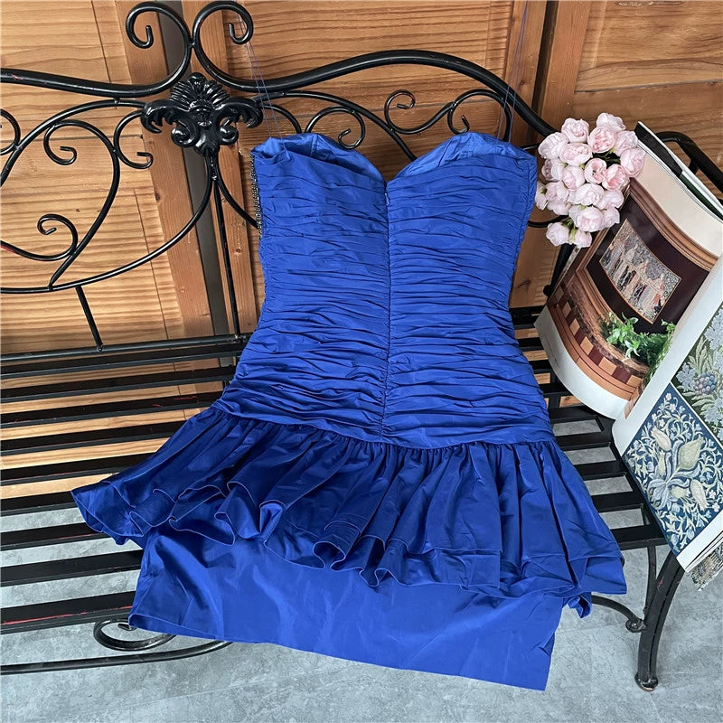 strapless Layer pinched pleated bandeau diamond ruffle slim mini dress