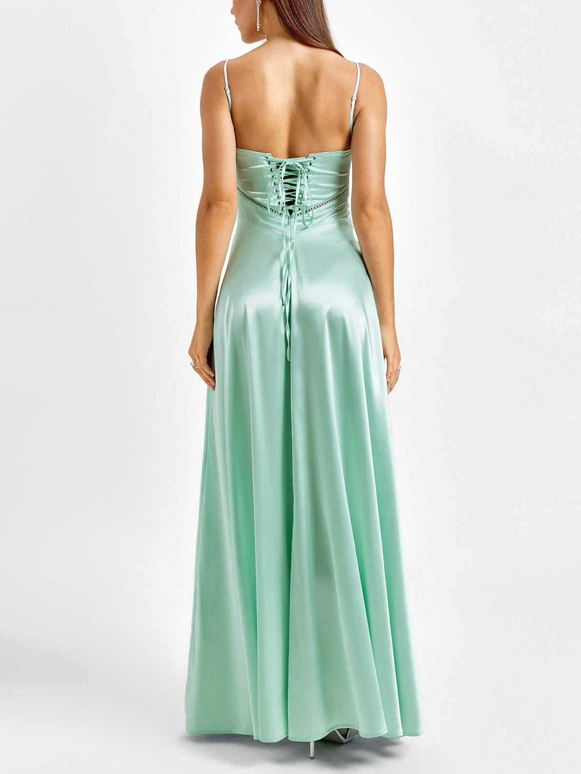 green matte satin backless slip dress