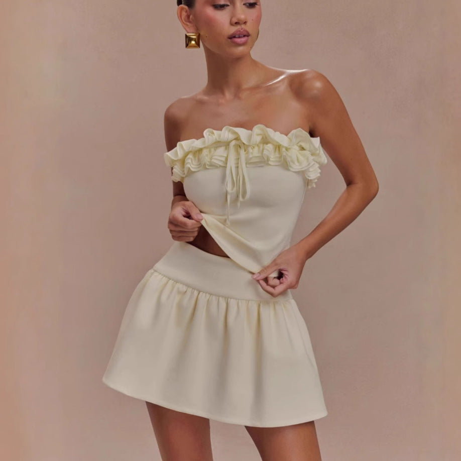 Ruffled strapless knit mini skirt