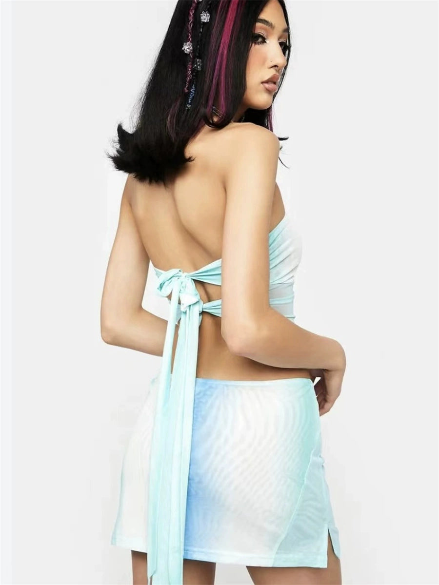 blue mesh bandeau two piecce set