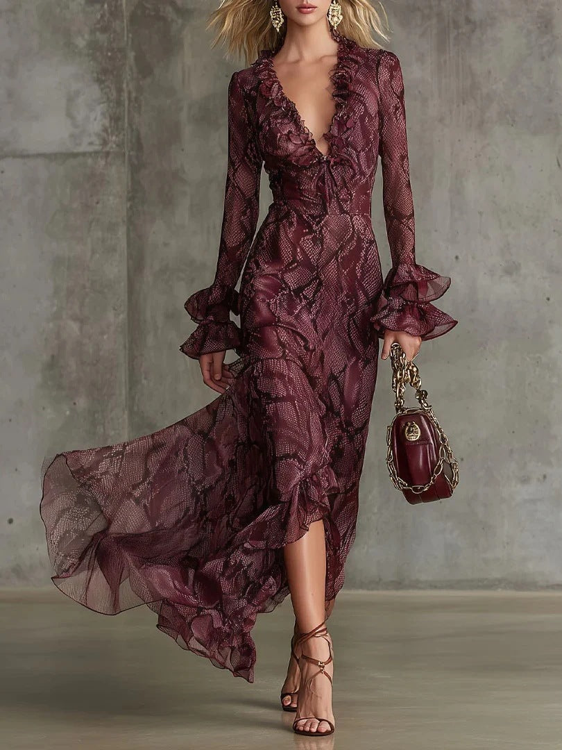 flared sleeve tether V-neck dress long sleeve maxi dress