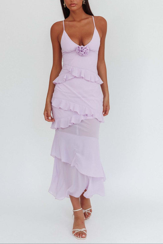 purple backless suspender ruffled dress