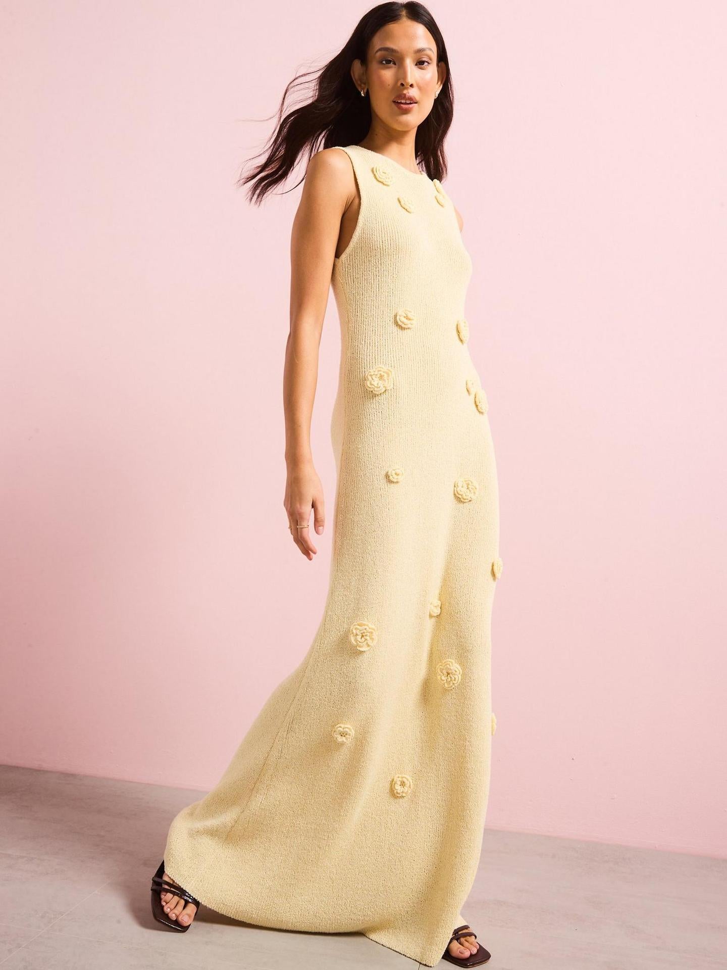 yellow three-dimensional flower knitted maxi dress