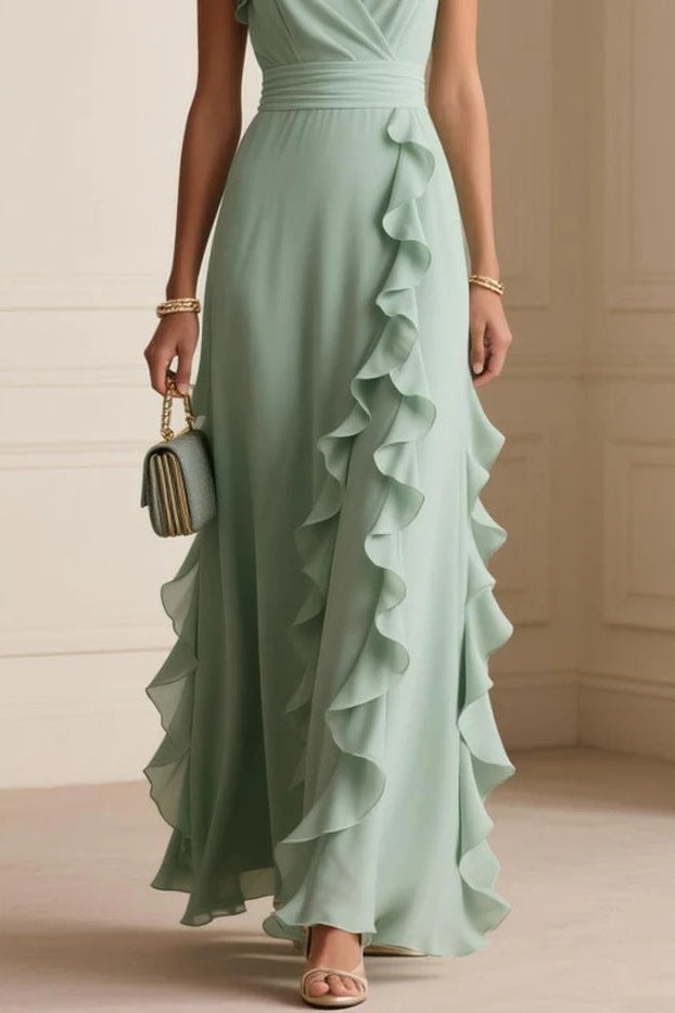 maxine green Pleated Sleeveless V-Neck maxi Dress