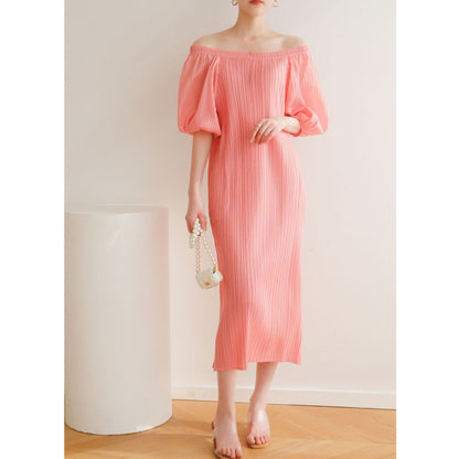 Pleated pastoral style bubble short-sleeved midi dress