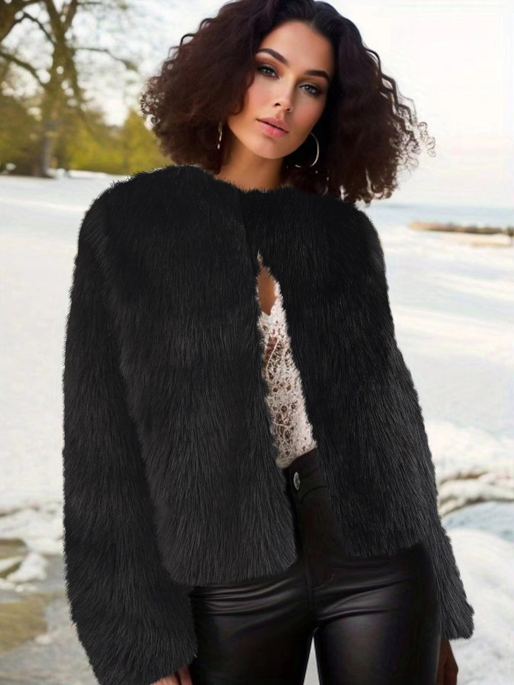 crew neck cropped imitation fur jackets
