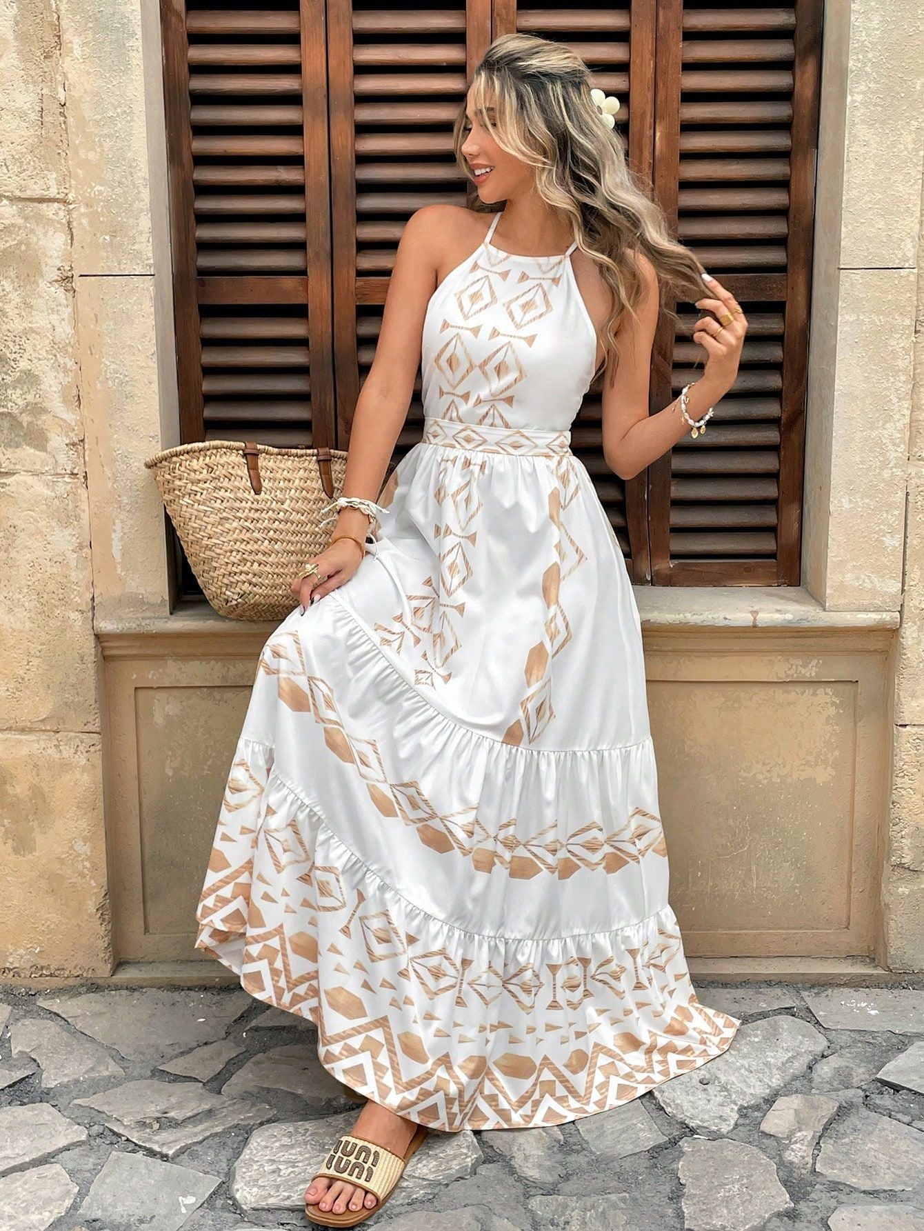 Embroidered Print Spaghetti Strap maxi Dress
