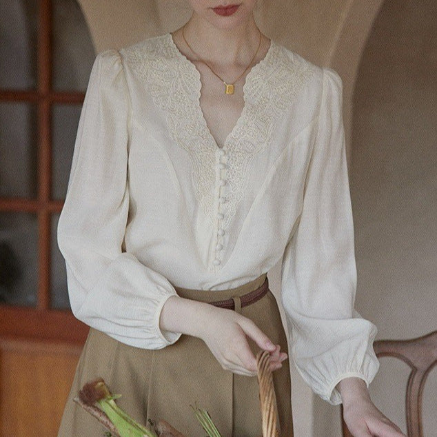 cream apricot V-neck top