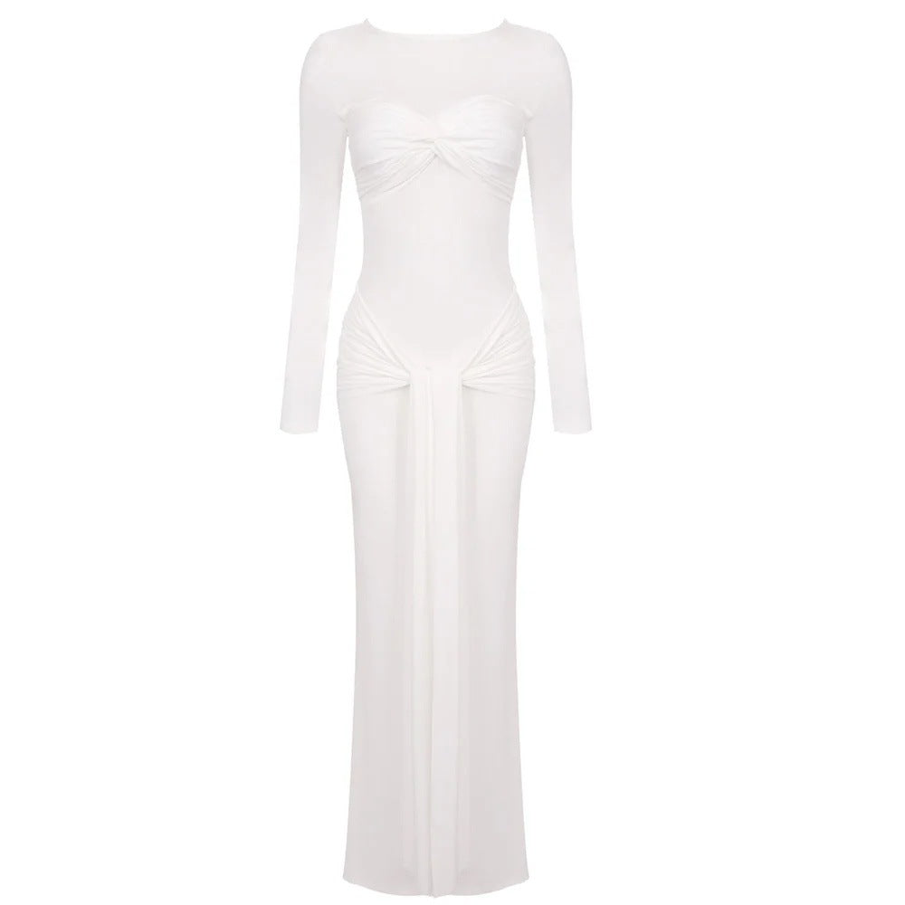 white Ribbon-neck long-sleeved bodycon dress