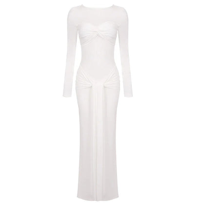 white Ribbon-neck long-sleeved bodycon dress