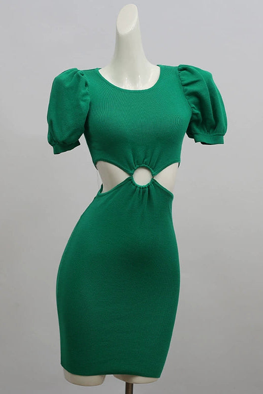 green hollow knitted mini dress
