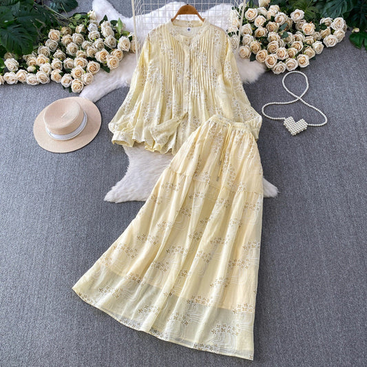 Summer Embroidered Floral Round Neck Pleated Long Sleeve Shirt Two-Piece Set