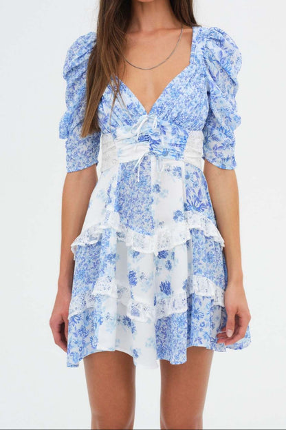 Floral lace patchwork deep V-neck puff sleeves mini dress