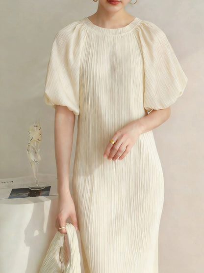 Pleated pastoral style bubble short-sleeved midi dress