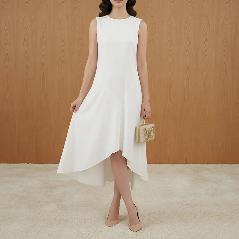 white crew neck sleeveless irregular dress