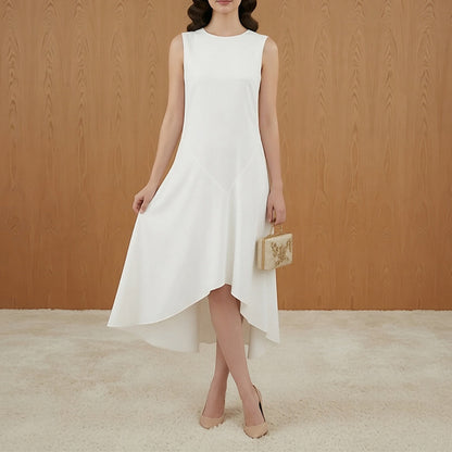 white crew neck sleeveless irregular dress