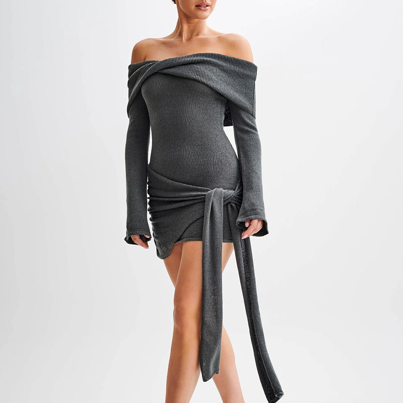 grey Off-the-shoulder long-sleeved knitted mini dress