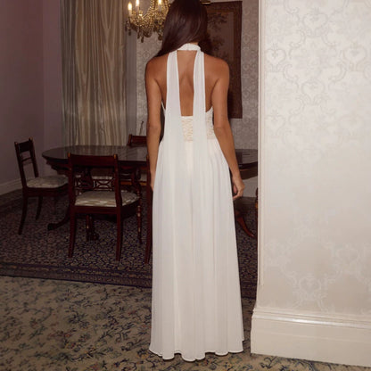 lace spliced halterneck long chiffon dress