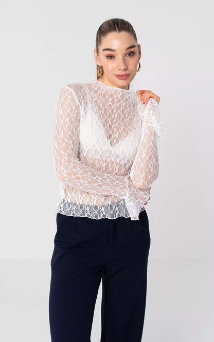 lace long-sleeved base shirt see-through inner cut-out top