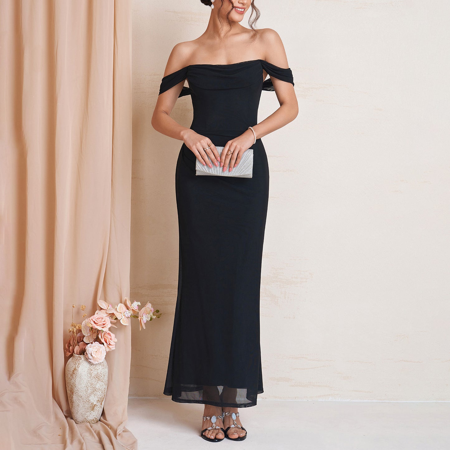 black spaghetti strap off-shoulder maxi dress