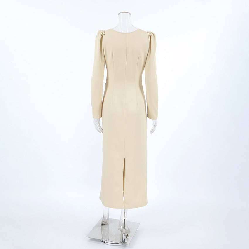 Irregular neckline puff sleeve bodycon slit dress