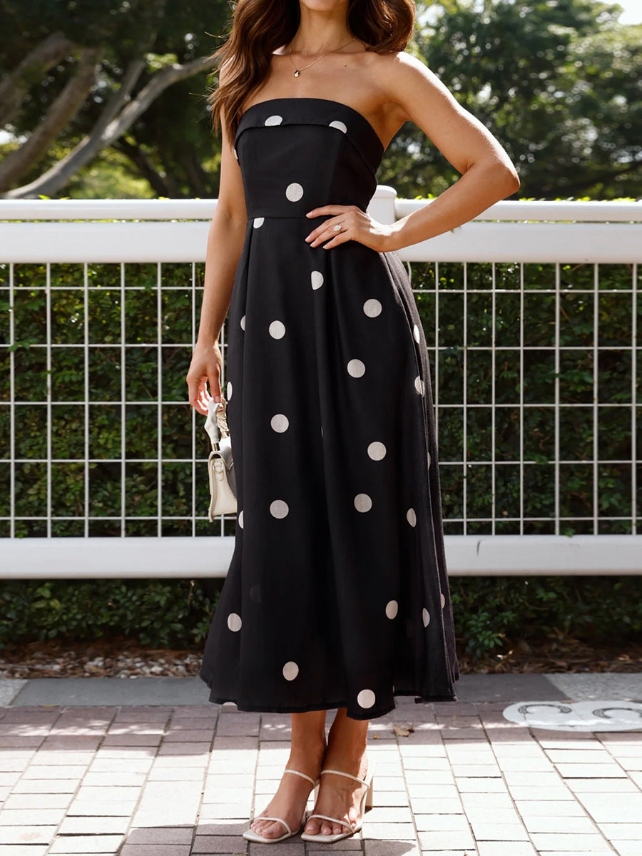 black polka dot bandeau midi dress