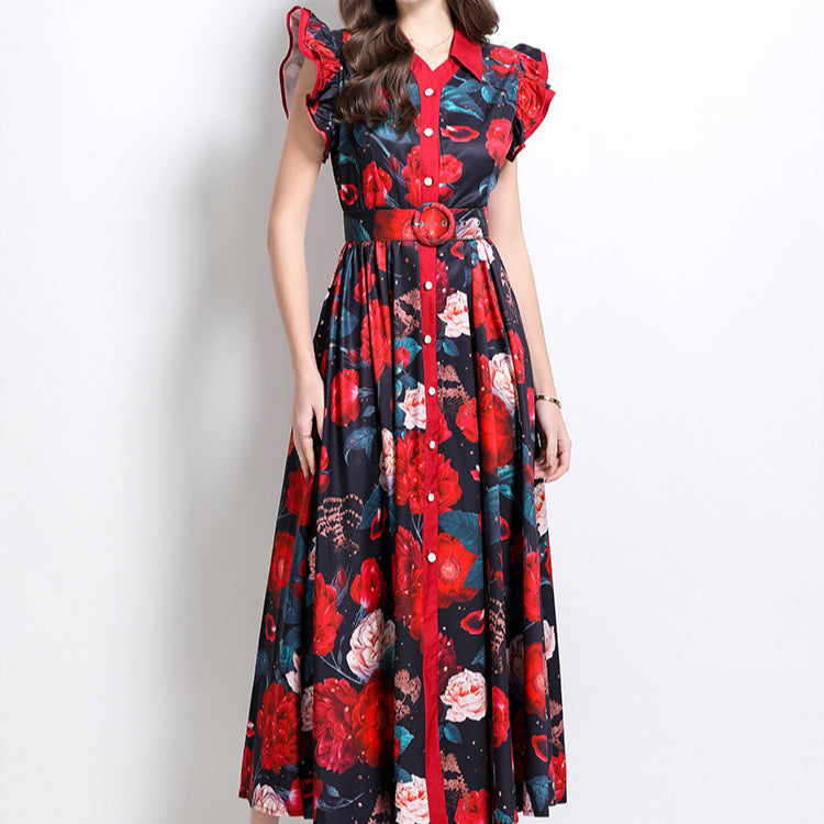 Printed ruffled sleeve collar single-breasted maxi dress