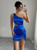 blue Off-shoulder pleated mini dress