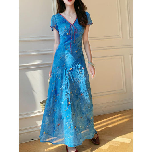 lesley v-neck floral Printed Embroidery maxi dress  - blue