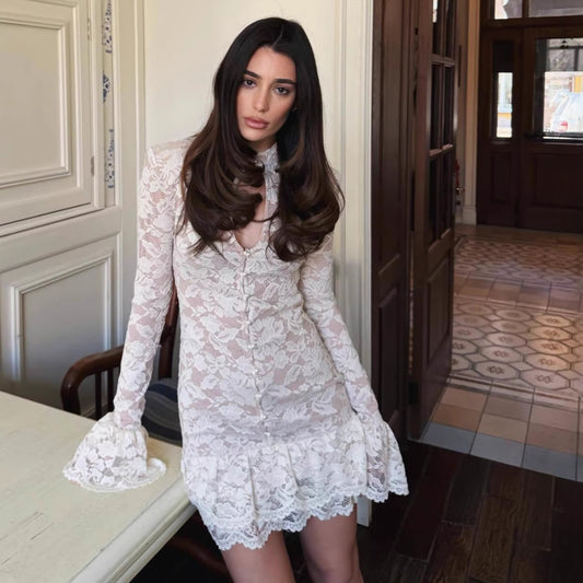 white lace flared sleeve stand-up collars dress