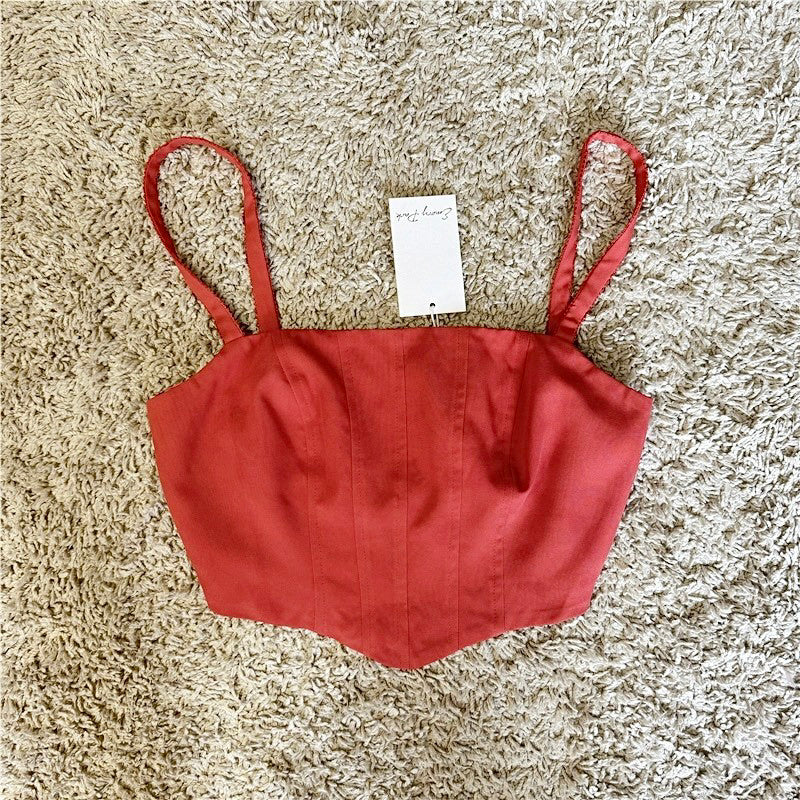 red buttons short suspenders top