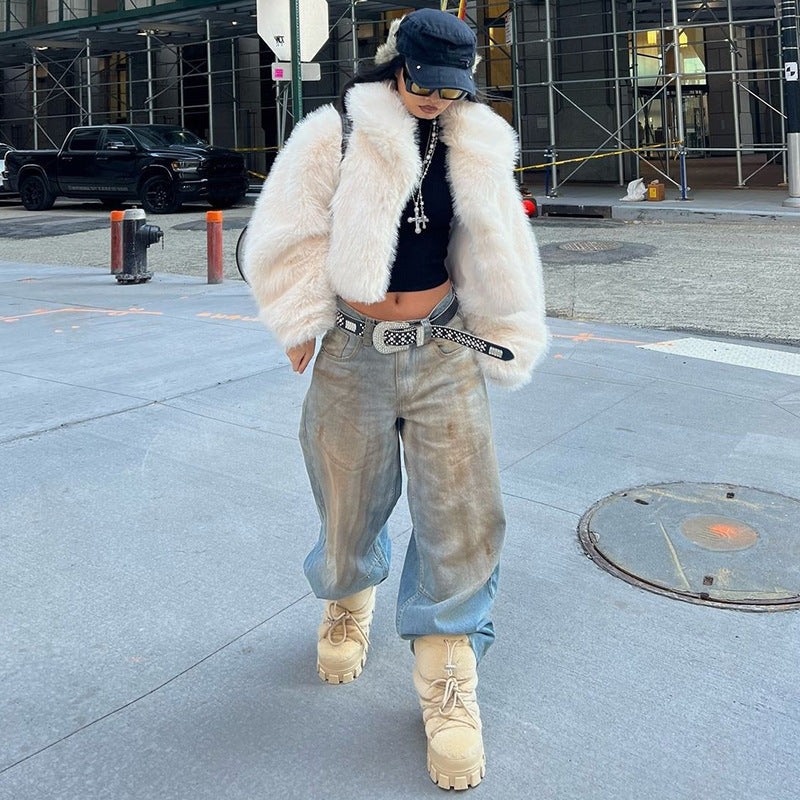 loose lapel fur plus size imitation fox fur coat