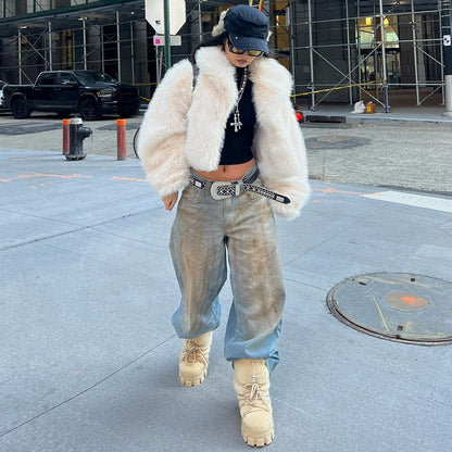 loose lapel fur plus size imitation fox fur coat