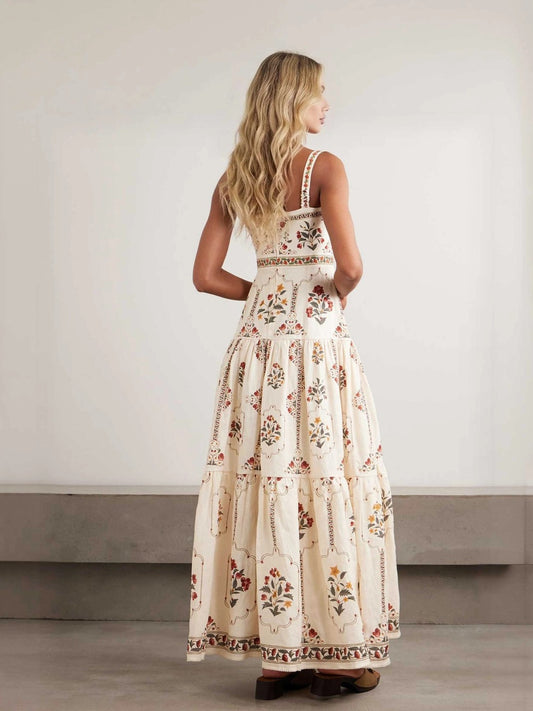 Bohemian square neck floral Print maxi dress - beige