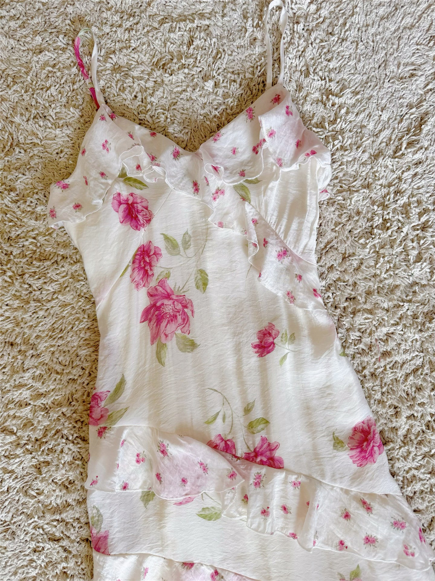 white floral ruffled slip dress