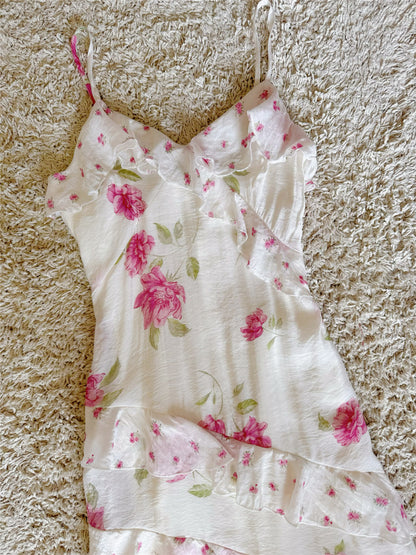 white floral ruffled slip dress