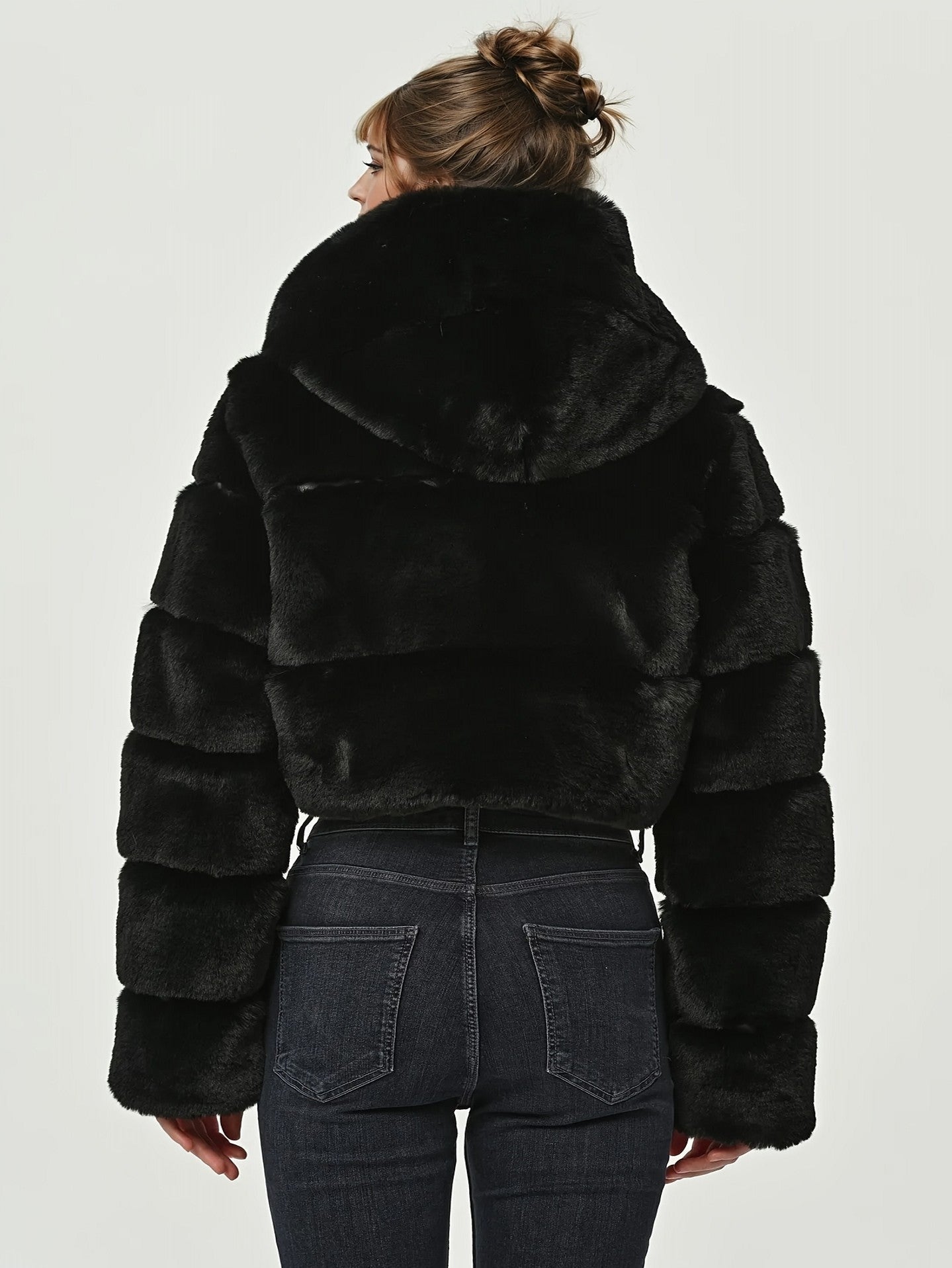 hooded imitation rabbit fur long sleeve spliced jacket