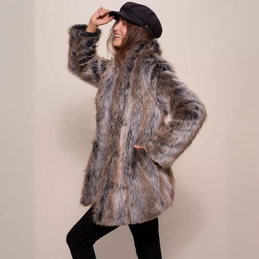Warm Faux Fur Coat in Brown strips