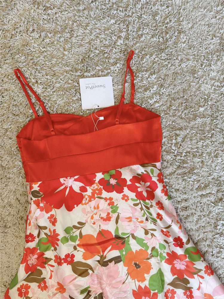 orange satin floral slip dress