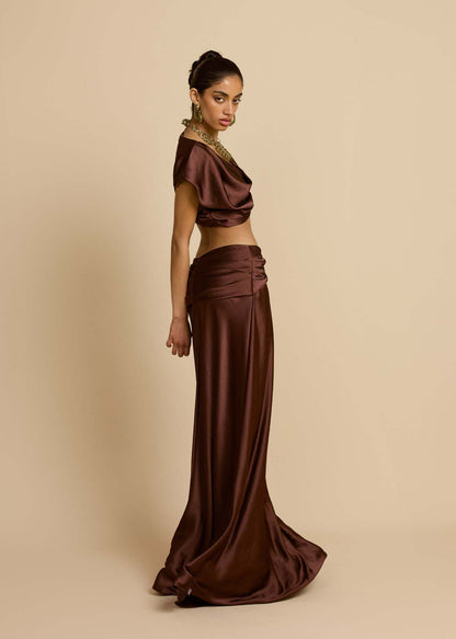 brown pleated geometric splicing shape bandeau skirt suit