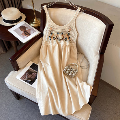 Hollow-out embroidered camisole midi dress