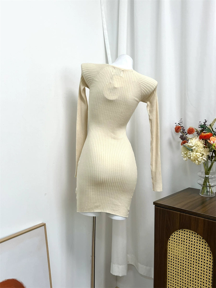 beige square neck knitted mini dress