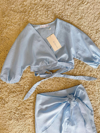blue wrap-up bat sleeve cotton-linen set two-piece set