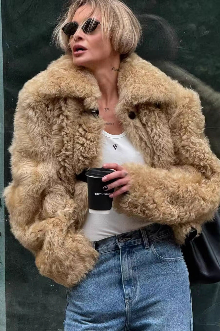 faux fur all-in-one jacket in dark brown