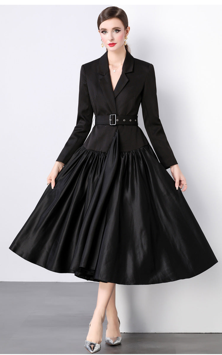 Suit collar belted long skirt