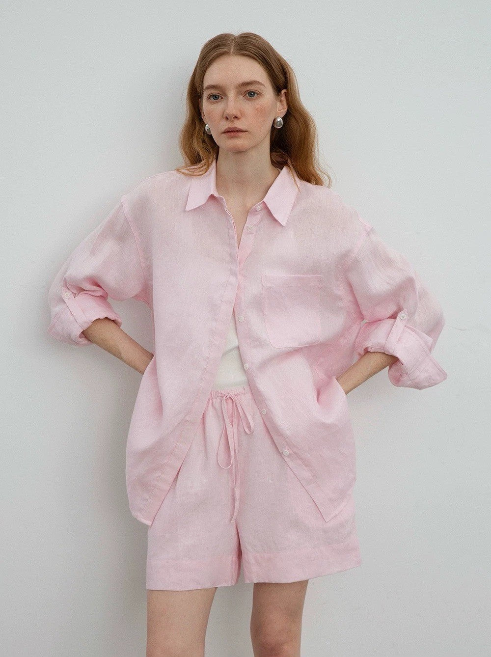 White linen oversized shirt and shorts set