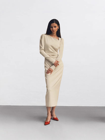 Irregular neckline puff sleeve bodycon slit dress